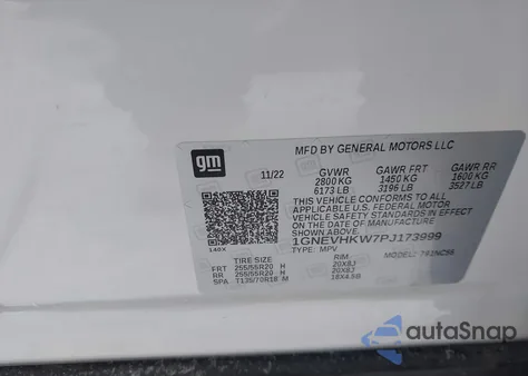2023 Chevrolet Traverse Awd Lt Leather из США, поврежденный, VIN 1GNEVHKW7PJ173999